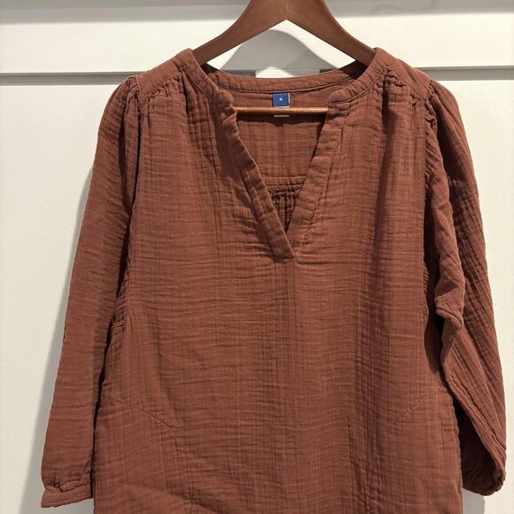 Old Navy Dress Womens Medium Brown Long Sleeve Textured Gauze Tunic Pockets Fall - Picture 3 of 11
